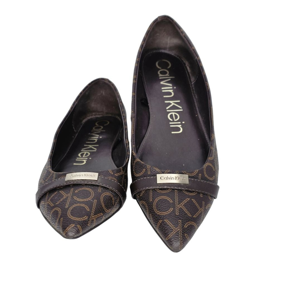 Women's Calvin Klein Brown Gold Monogram Pointed Toe Flats Size 10